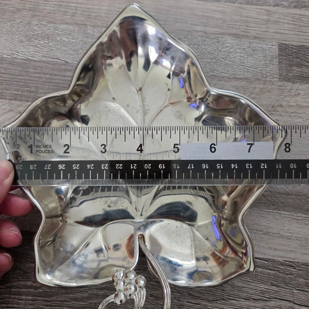 Vintage Silver Plated Leaf Dish Grape Handle Footed Trinket Bowl Hong Kong 9.5" - Picture 15 of 16